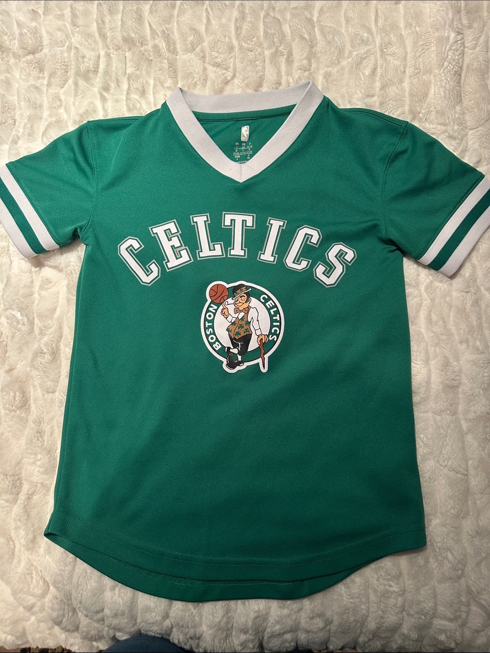 NBA Boston Celtics Green V‑Neck Kids Jersey Tee with White Trim